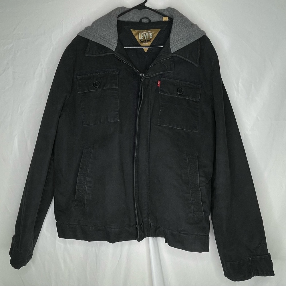 Levi’s Black Heavyweight Lined Men’s Trucker Jacket with Gray Waffle Hood Large